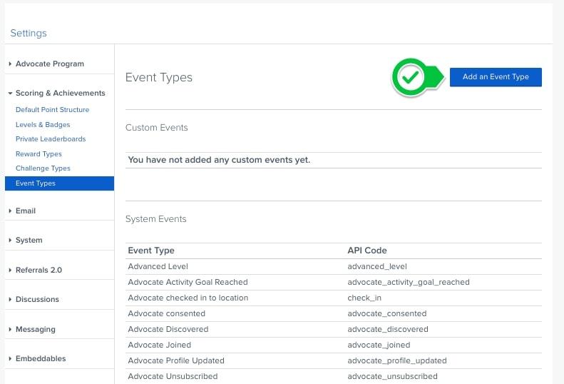 Lista de tipos de eventos no Influitive