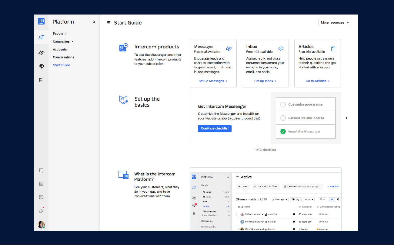 Screenshot in Intercom of the onboarding part of the app (Platform tab). The interface showcases intuitive user interactions and support features, offering Whatfix alternatives within the realm of customer onboarding platforms.