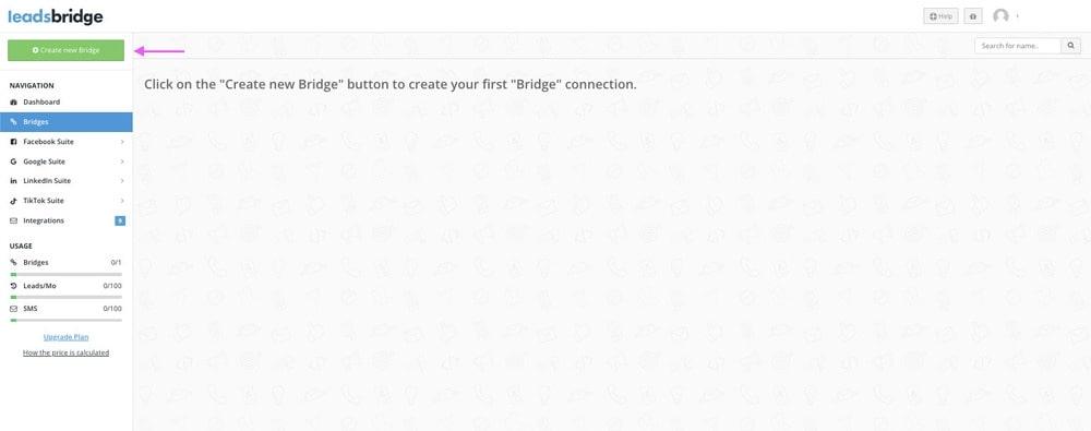 Alternativas IFTTT: flecha apuntando al botón Crear nuevo puente en LeadsBridge