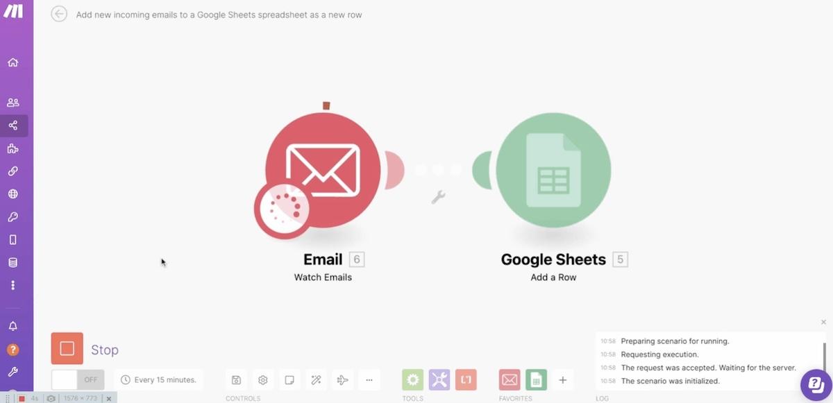 IFTT alternatives : automatisation connectant l'e-mail et Google Sheets dans Make