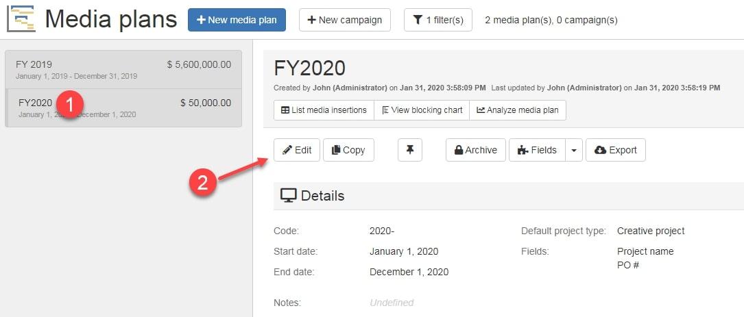 Media planning tools: MediaPlanHQ's Media Plans page