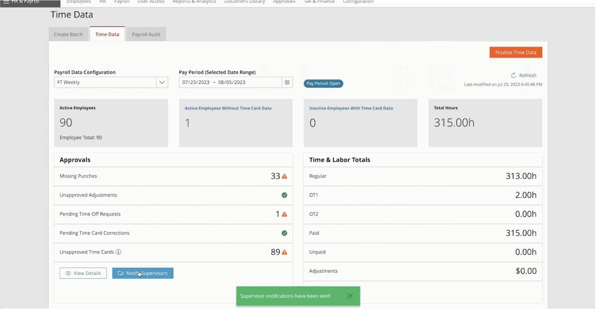 Managing Time Data page in Paylocity