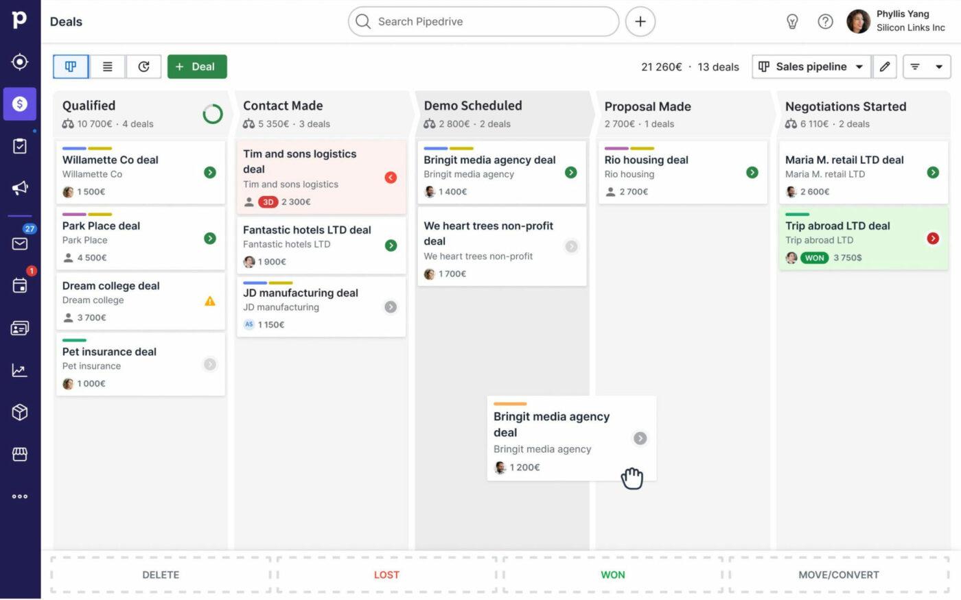 고객 관계 관리를 위한 Pipedrive와 HubSpot의 개념을 보여주는 Pipedrive CRM 시스템의 거래 대시보드 스크린샷(영문)