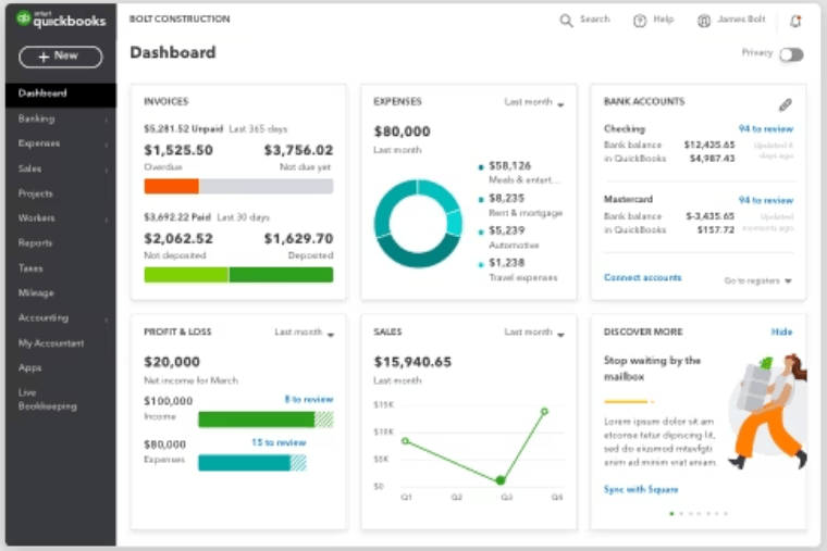 QuickBooks Self-Employed dashboard with a menu for mileage, expenses, bank accounts, and other informational resources