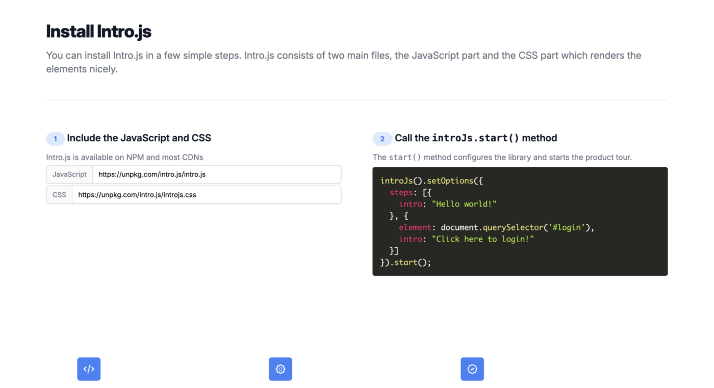 Screenshot of the Install Intro.js section on the homepage. Text says "You can install Intro.js in a few simple steps. Intro.js consists of two main files, the JavaScript part and the CSS part which renders the elements nicely."