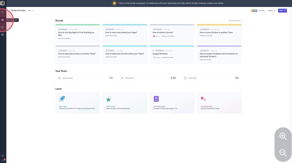 User manual software: Scribe's dashboard