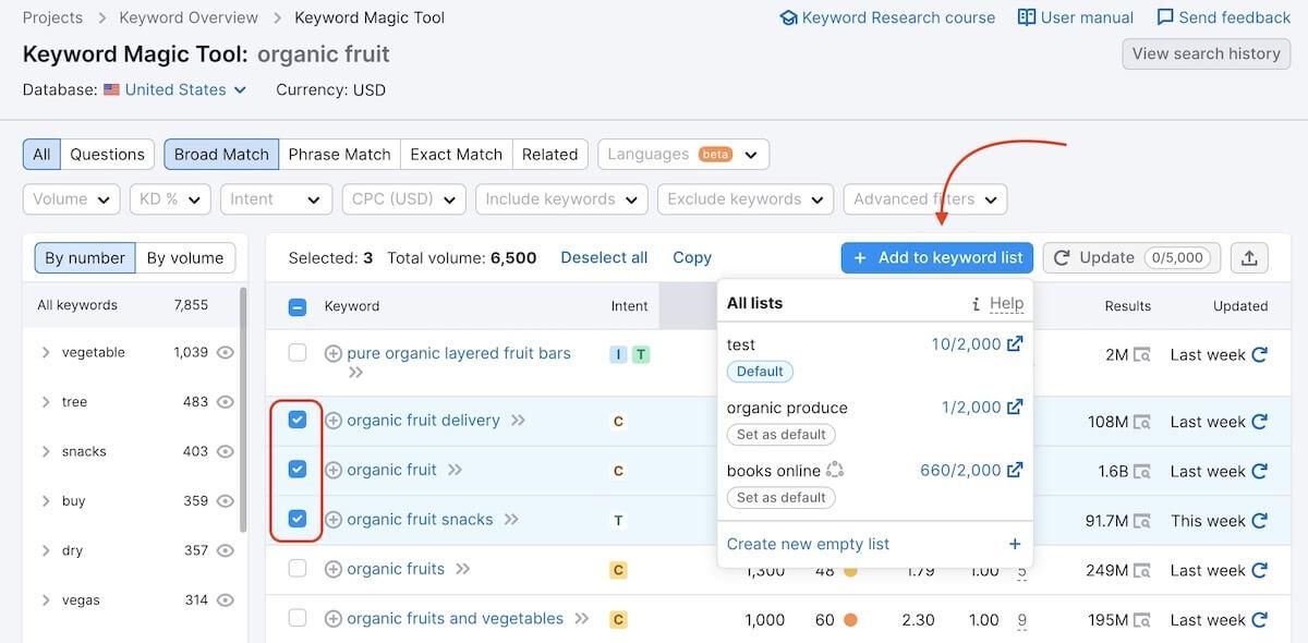 Ferramenta Keyword Magic da Semrush