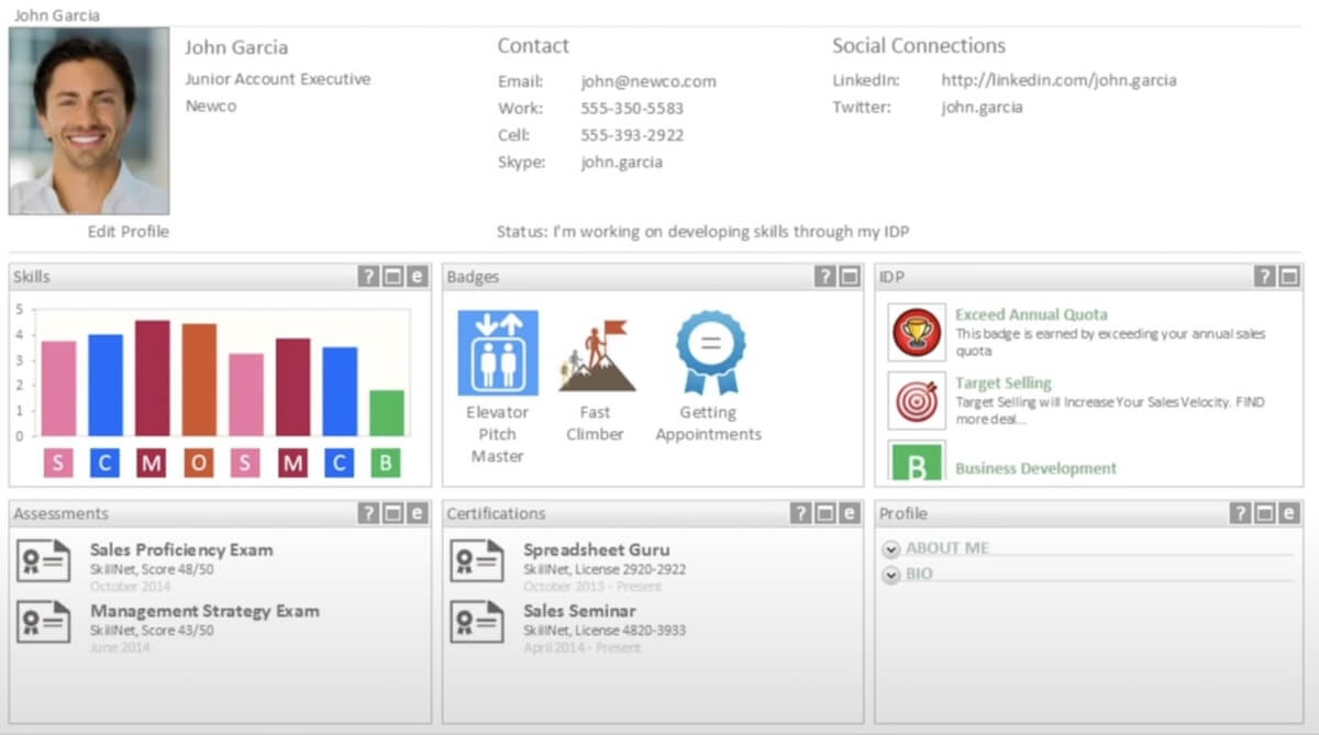 Skills management software: example of an employee’s dashboard in SkillNet  