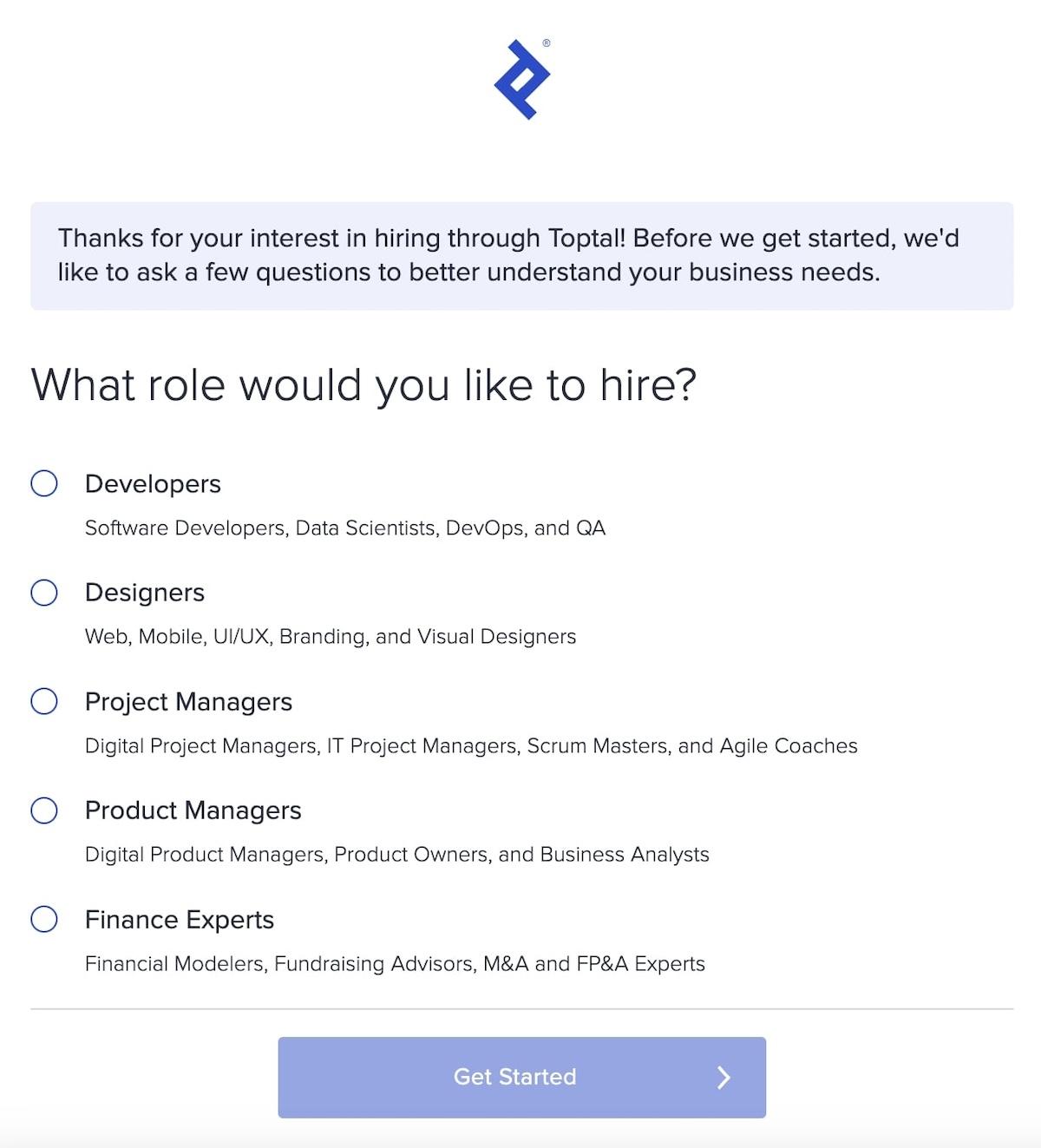Example question in Toptal's intake form
