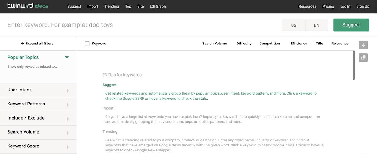 KI-Tools für die Keyword-Recherche: Twinword Ideas search tool