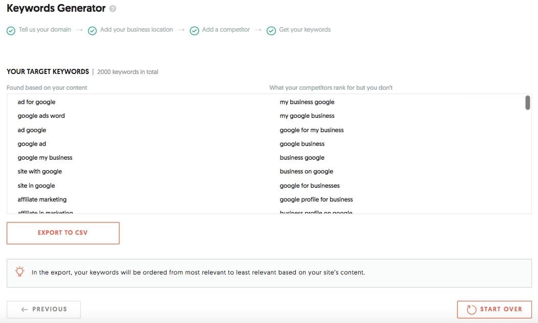 Pagina del generatore di parole chiave in Ubersuggest