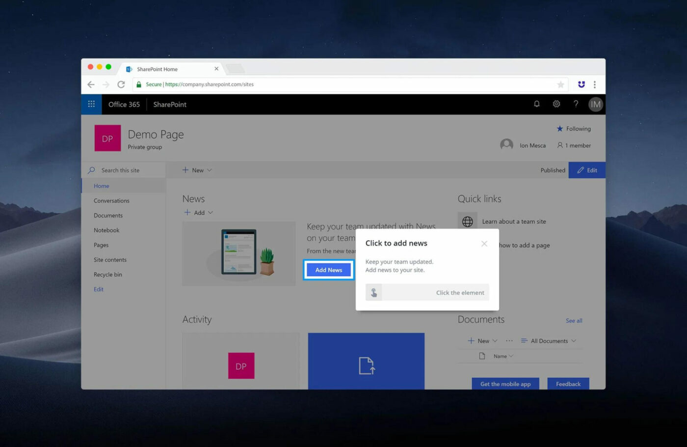 Screenshot displaying Userlane's interactive guide within Microsoft SharePoint, illustrating step-by-step user instructions. Relevant to Whatfix alternatives for digital adoption platforms.