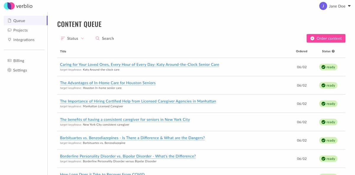 Content writing services: content queue in Verblio