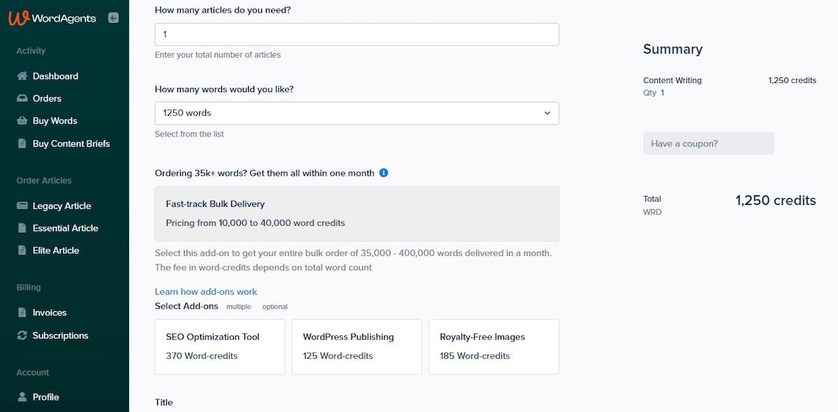 Content writing services: orders page in WordAgents