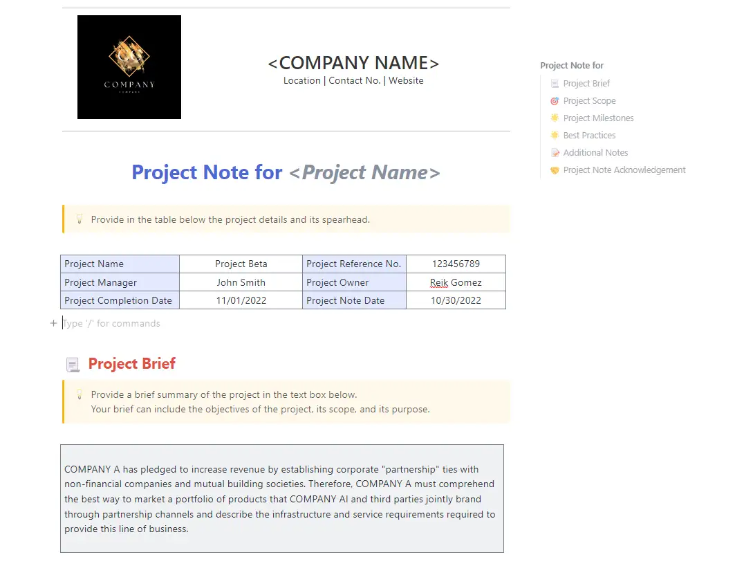 ClickUp's Project Note Template is designed to help you capture and organize ideas for a project. 
