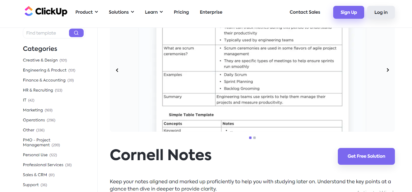 Modelo de notas Cornell do ClickUp