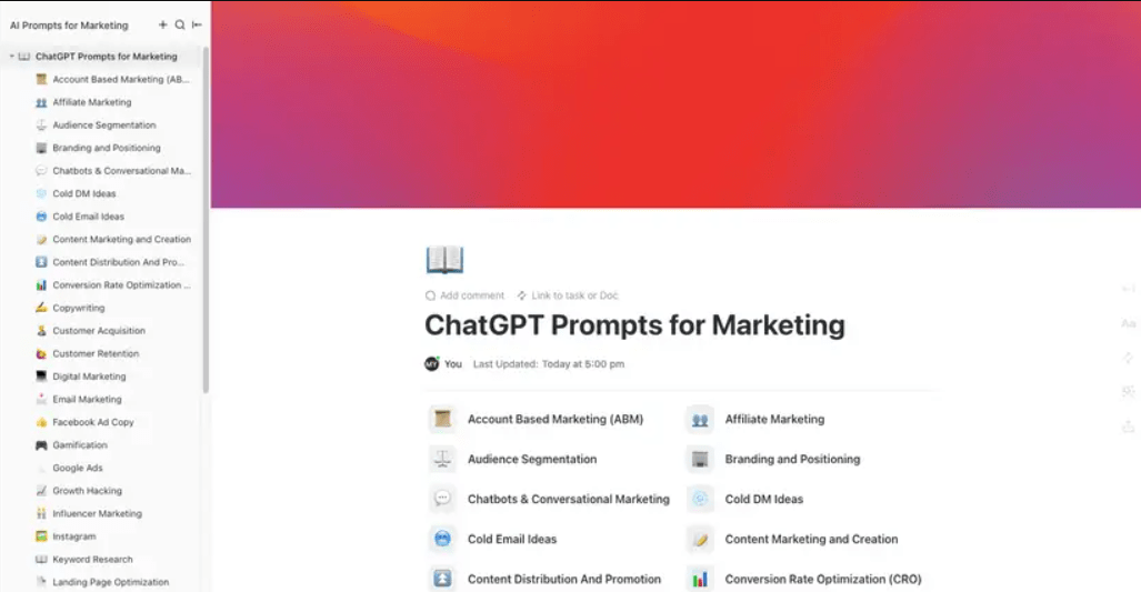 Use ClickUp's ChatGPT Prompts for Marketing Template to boost engagement 