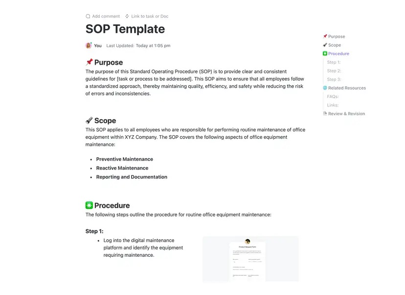 Create, organize, and manage SOPs with ClickUp’s SOP Template