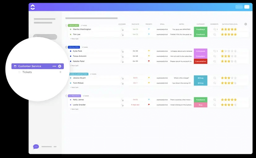 Monitor incoming customer support tickets and manage their resolution from start to finish with the ClickUp Customer Service Template