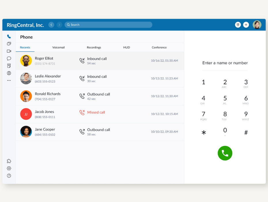 Software de llamadas de conferencia: Lista de llamadas recientes de RingCentral