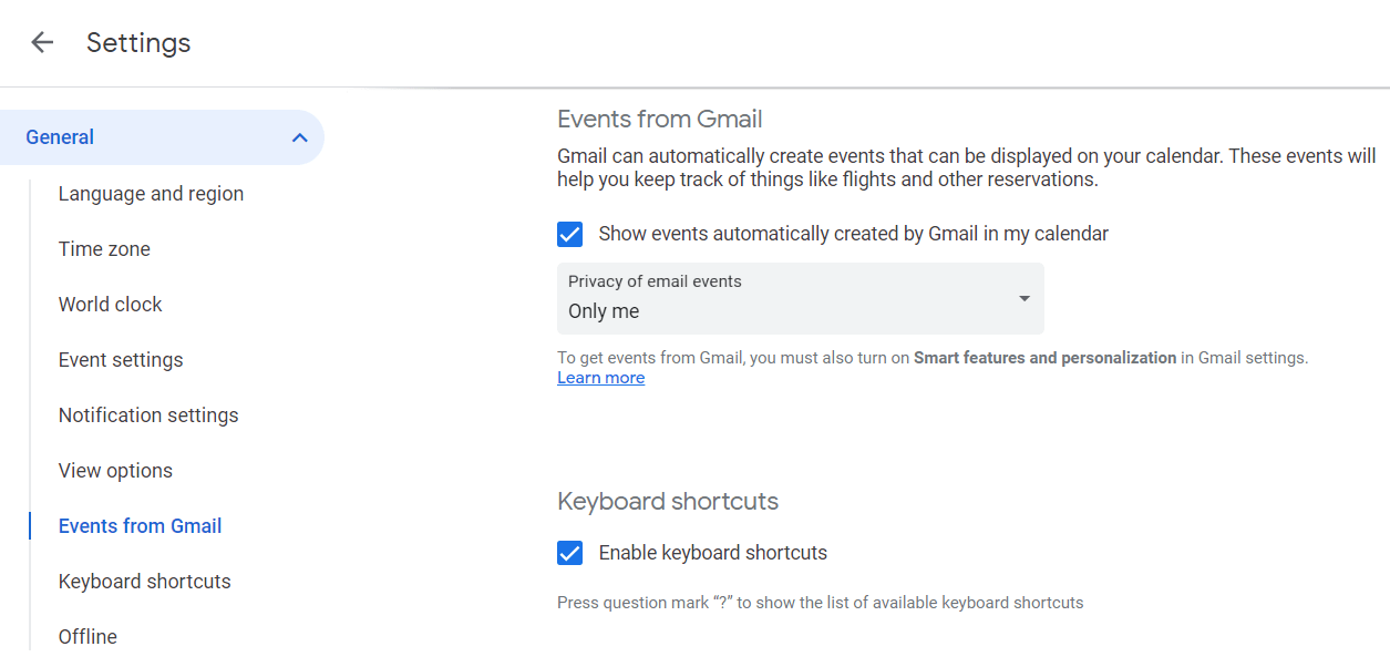 Configurações do Google Agenda - Adicionar eventos do Gmail