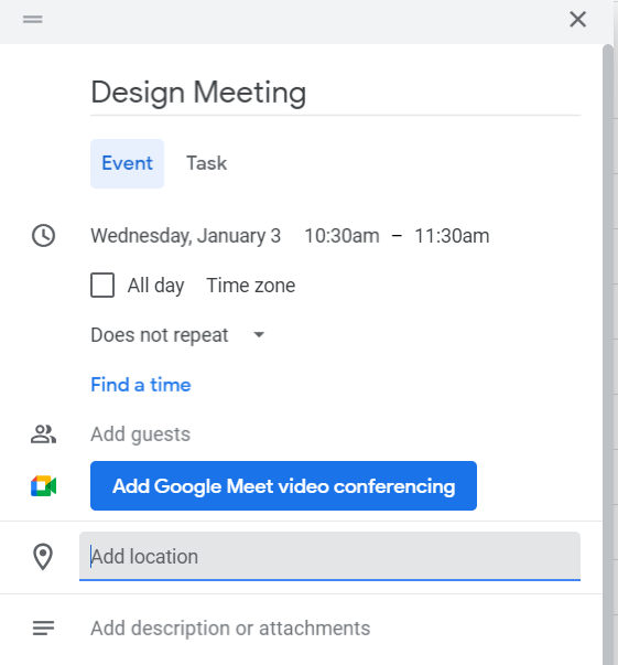 Add location to an event on Google Calendar