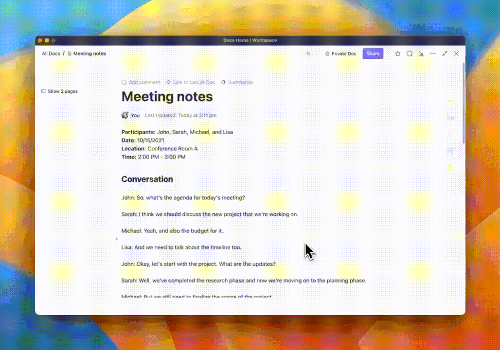 Project analysis: summarizing meeting notes using ClickUp's AI tool