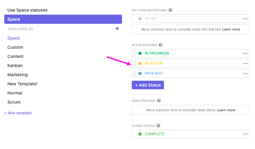 Custom statuses on ClickUp