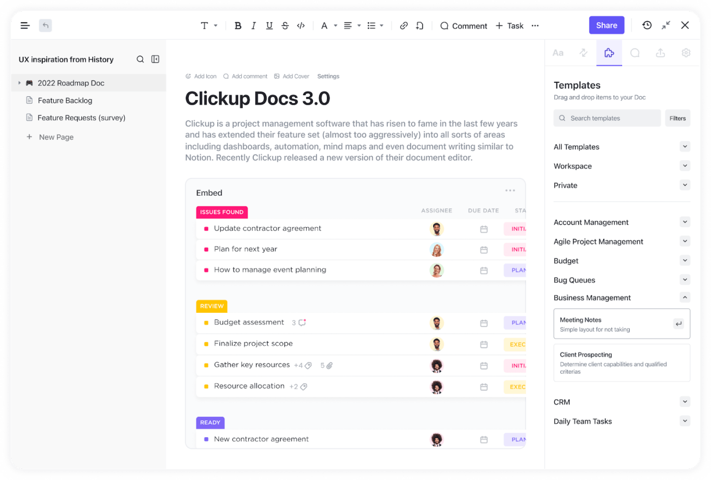 ClickUp Docs 3.0のやることリストとツールの例