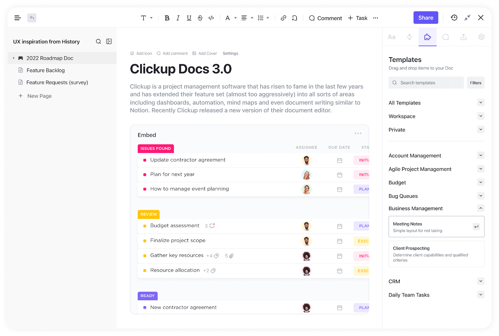 ClickUp Docs for documenting and sharing important information with the team