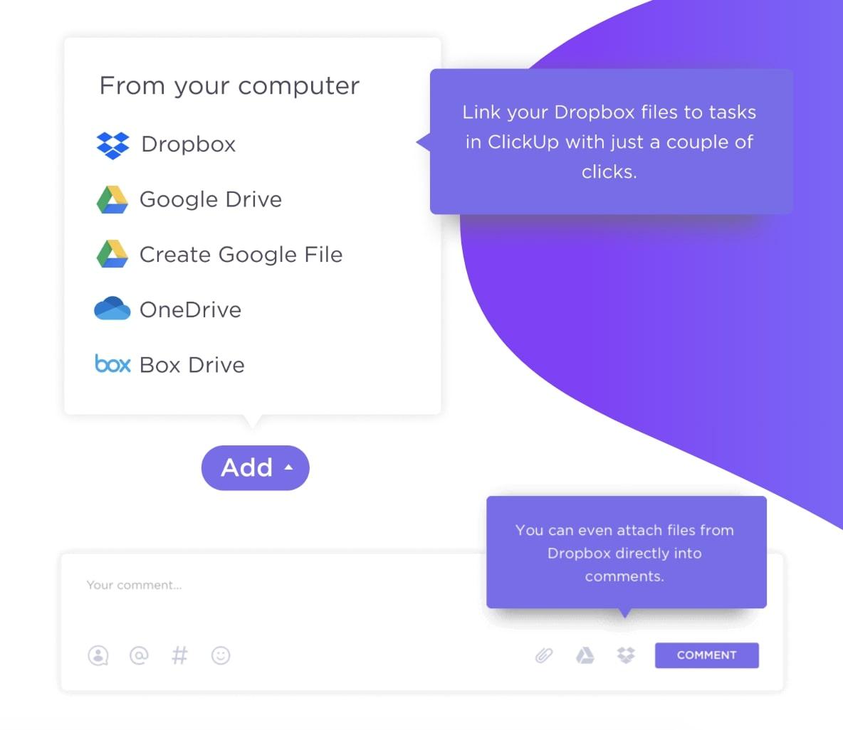 Cloud collaboration: attaching Dropbox files in tasks and in comments