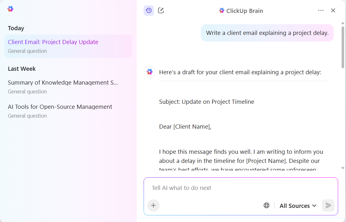 ClickUp Brain drafting a client email explaining a project delay.
