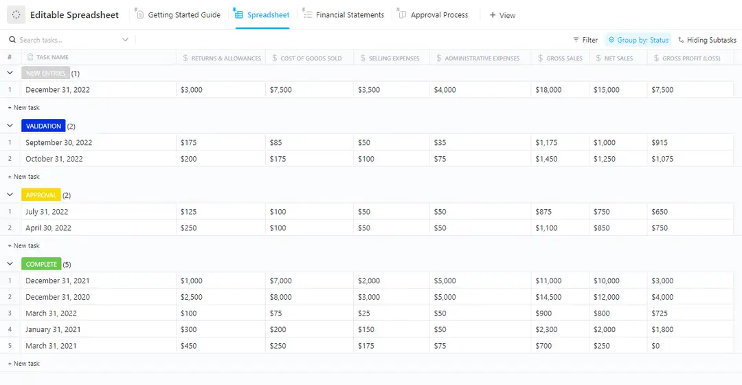 ClickUp's Editable Spreadsheet Template is designed to help you create, manage, and store financial records in an organized way. 