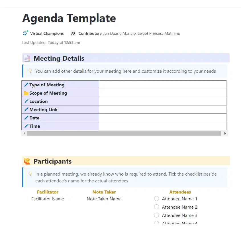 Gunakan templat agenda rapat tim ClickUp untuk menentukan tujuan rapat dan membagikannya dengan anggota tim Anda