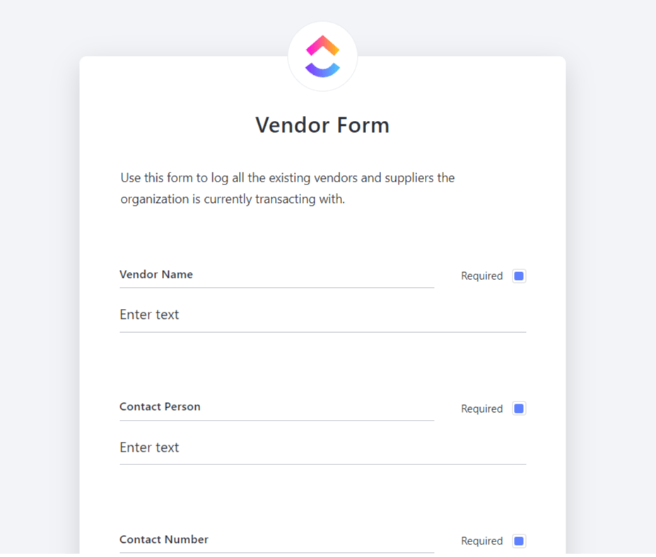 Keep track of all your current and potential vendors and suppliers using the ClickUp Vendor Master List Template