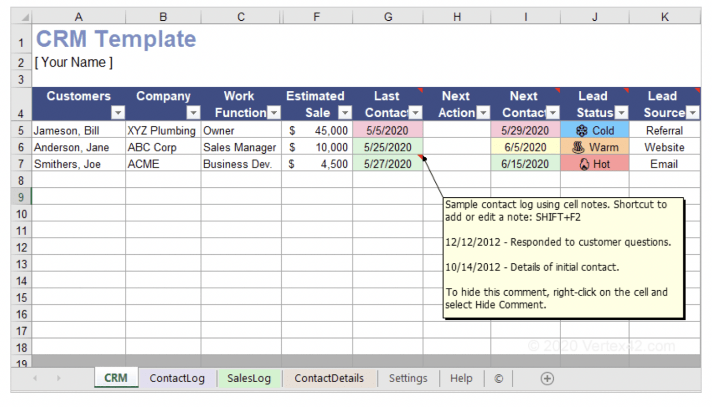 Modello di Excel CRM di Vertex42