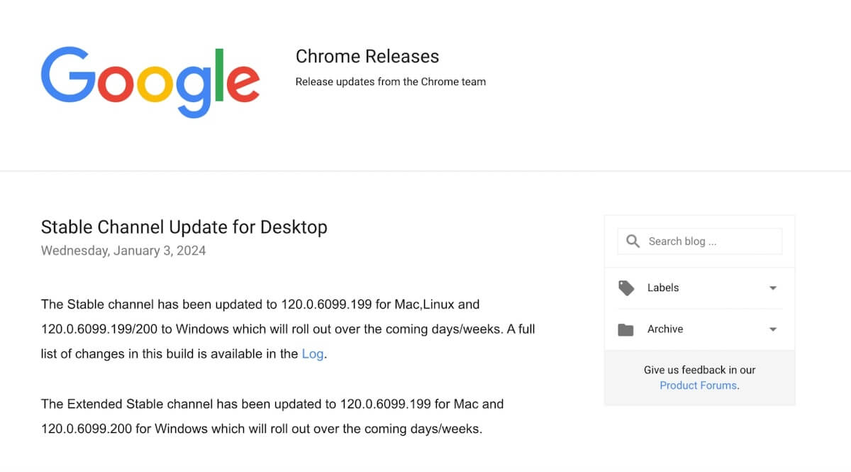 Google Chrome's release notes