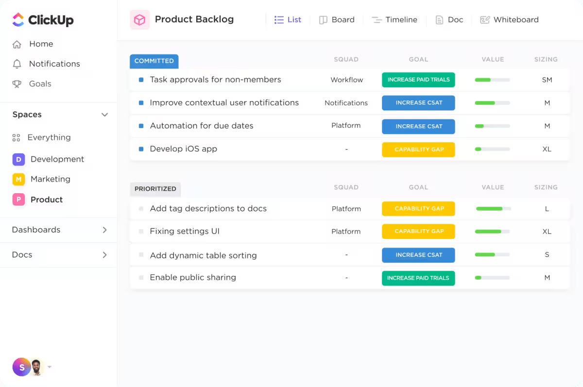 List View for Product Backlog in ClickUp's Product Management Software