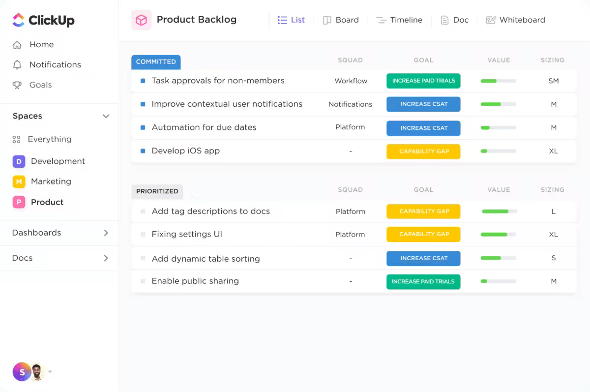 Visualização de lista ClickUp para o Backlog do produto