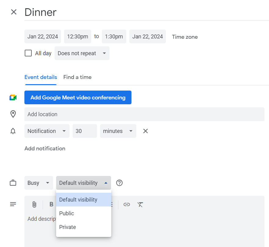 Event privacy setting on Google calendar
