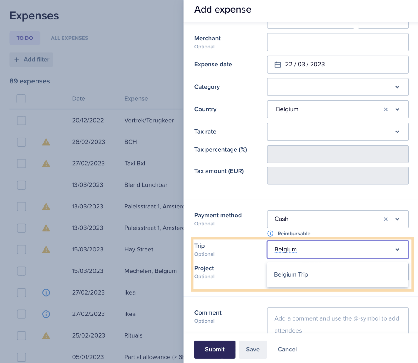 Adição de despesas a viagens pré-criadas no Rydoo