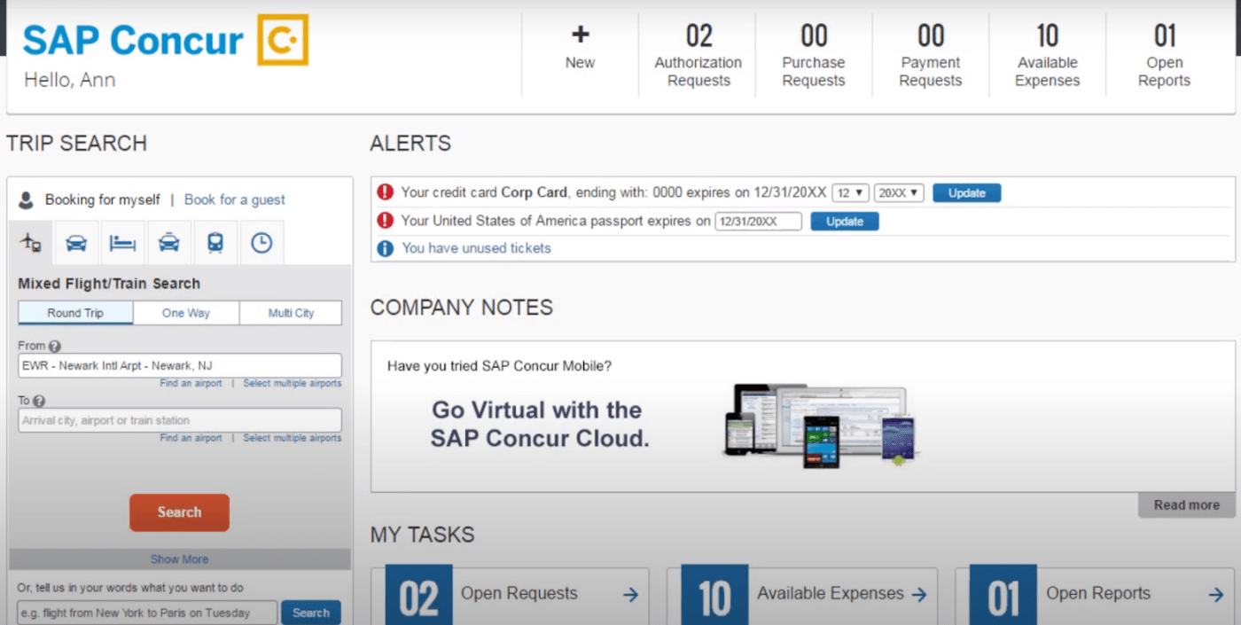 SAP Concur - booking dashboard