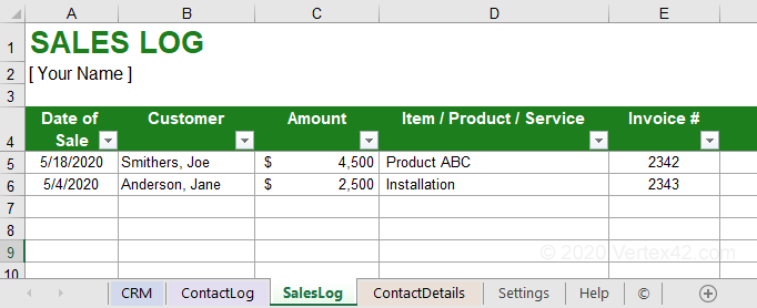 Modelo de CRM de registro de vendas da Vertex42