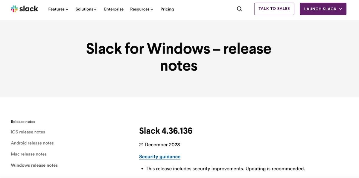 Slack's release notes