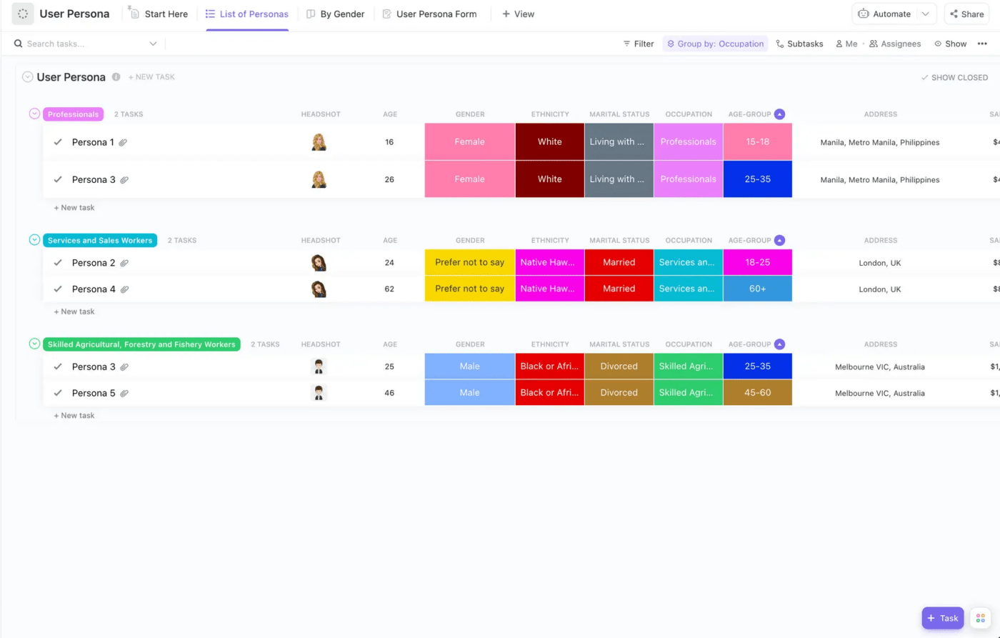 ClickUp's User Persona template