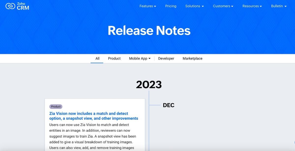 Zoho's Release Notes