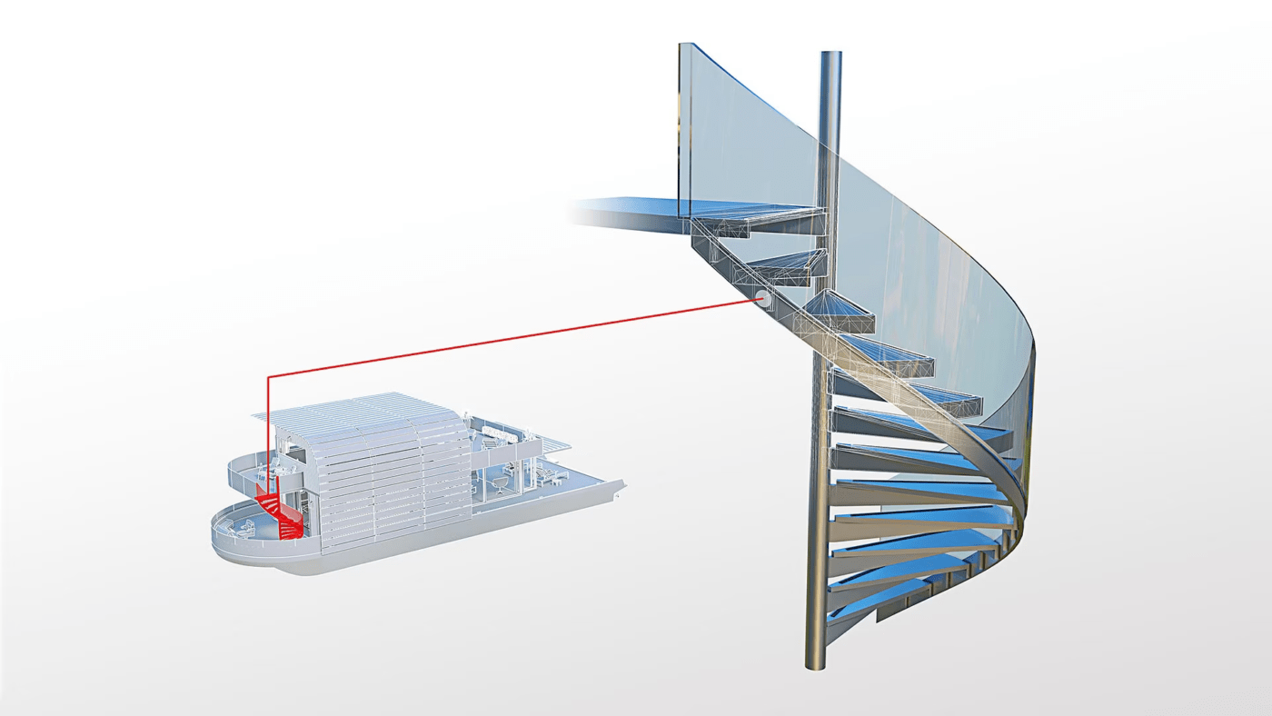 Un escalier en colimaçon conçu à l'aide d'AutoCAD