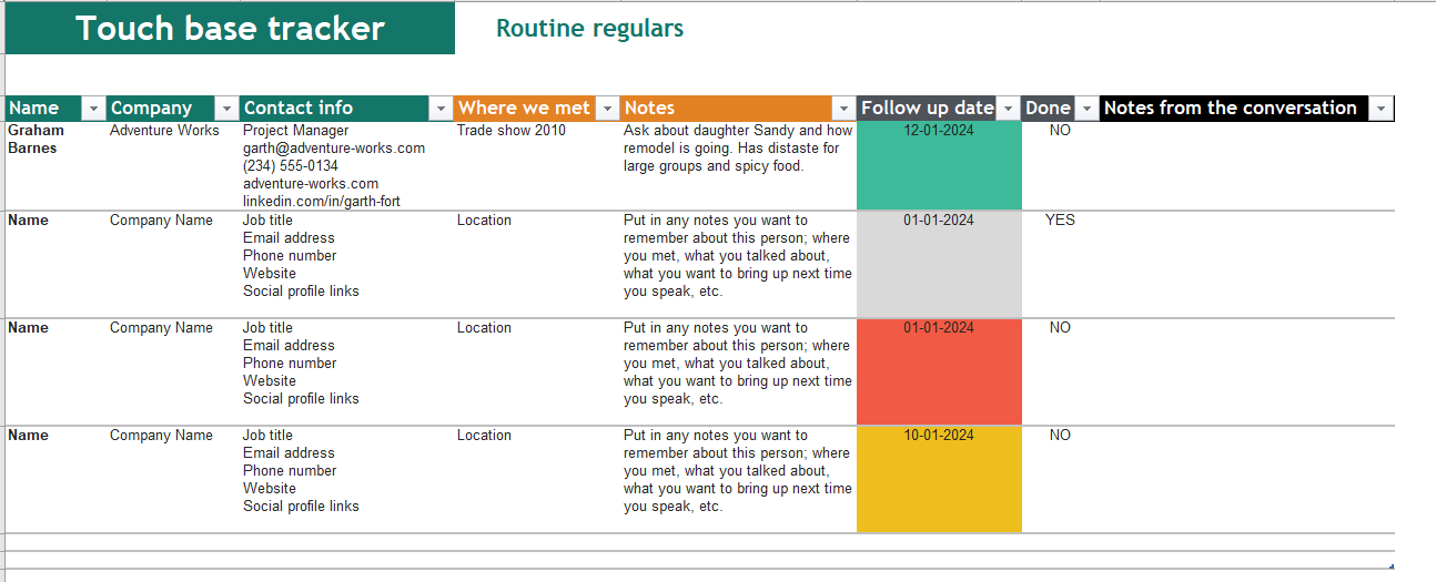 Excel's Touch Base Tracker as a 100% customizable template for reporting and networking