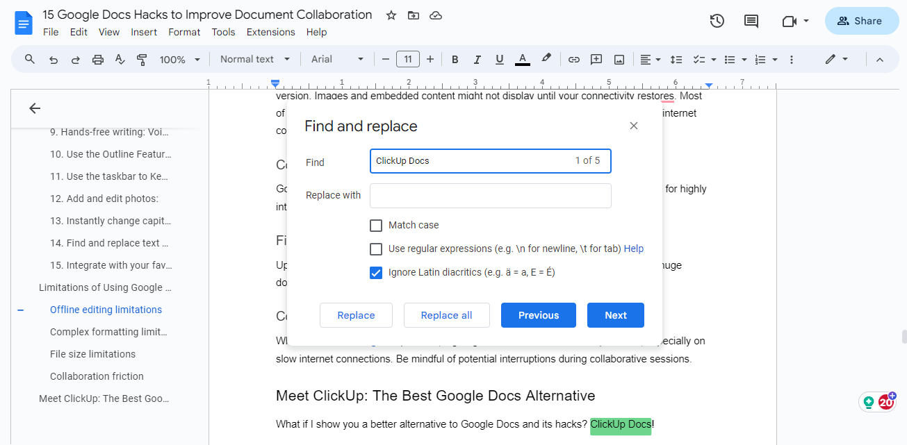 find and replace in google docs