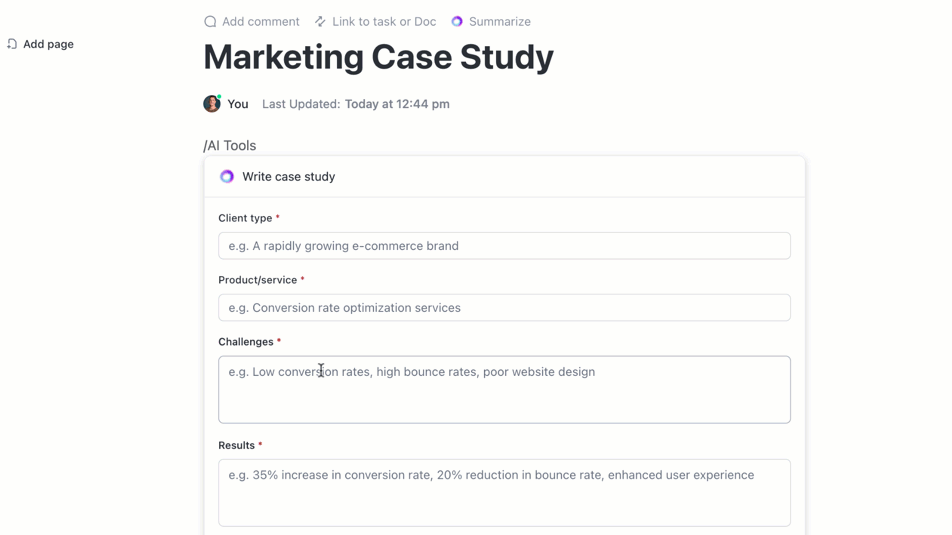 ClickUp's AI functions make it simple for marketing teams to quickly produce important documents like a case study